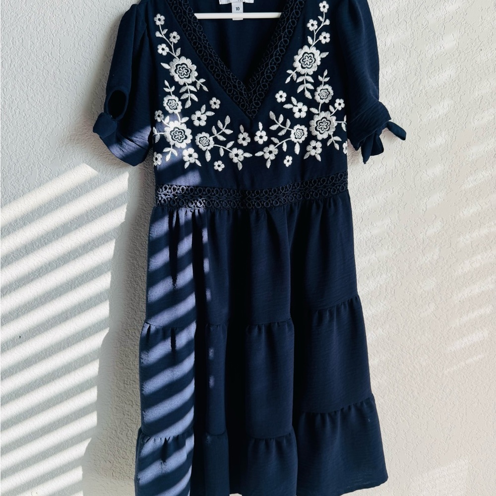 Speechless Navy Dress with White Floral Embroidery